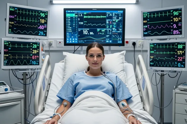 Kvinna i sjukhussäng med diagnosmaskiner anslutna. AI-genererad Illustration.