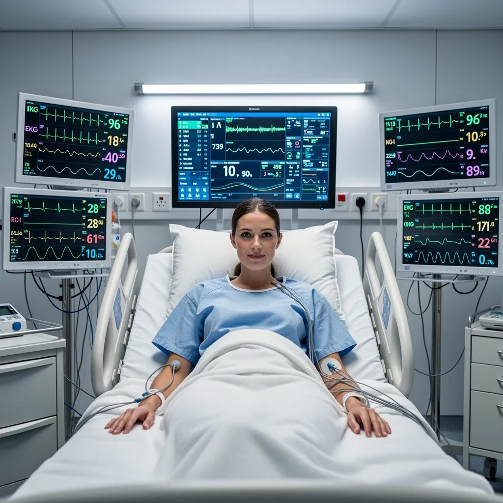 Kvinnlig patient i sjukhussäng. AI-illustration.